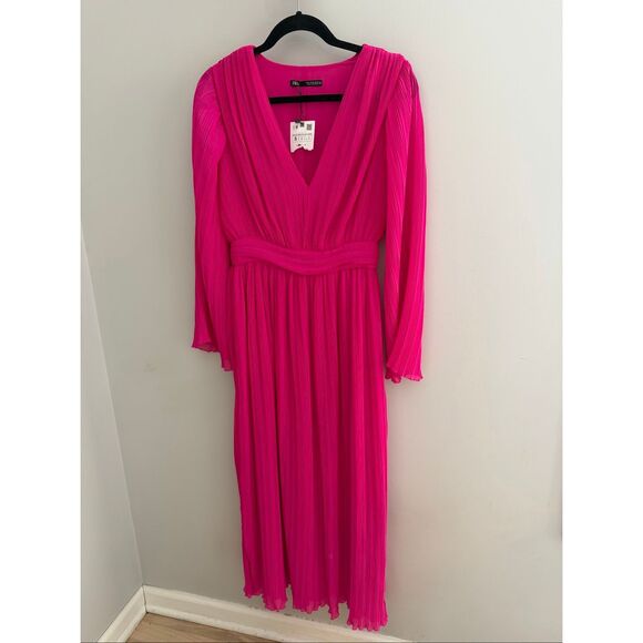Zara Pleated Midi Dress NWT Hot Pink LS Fuschia, Size Small S Barbie Barbiecore - Picture 4 of 10